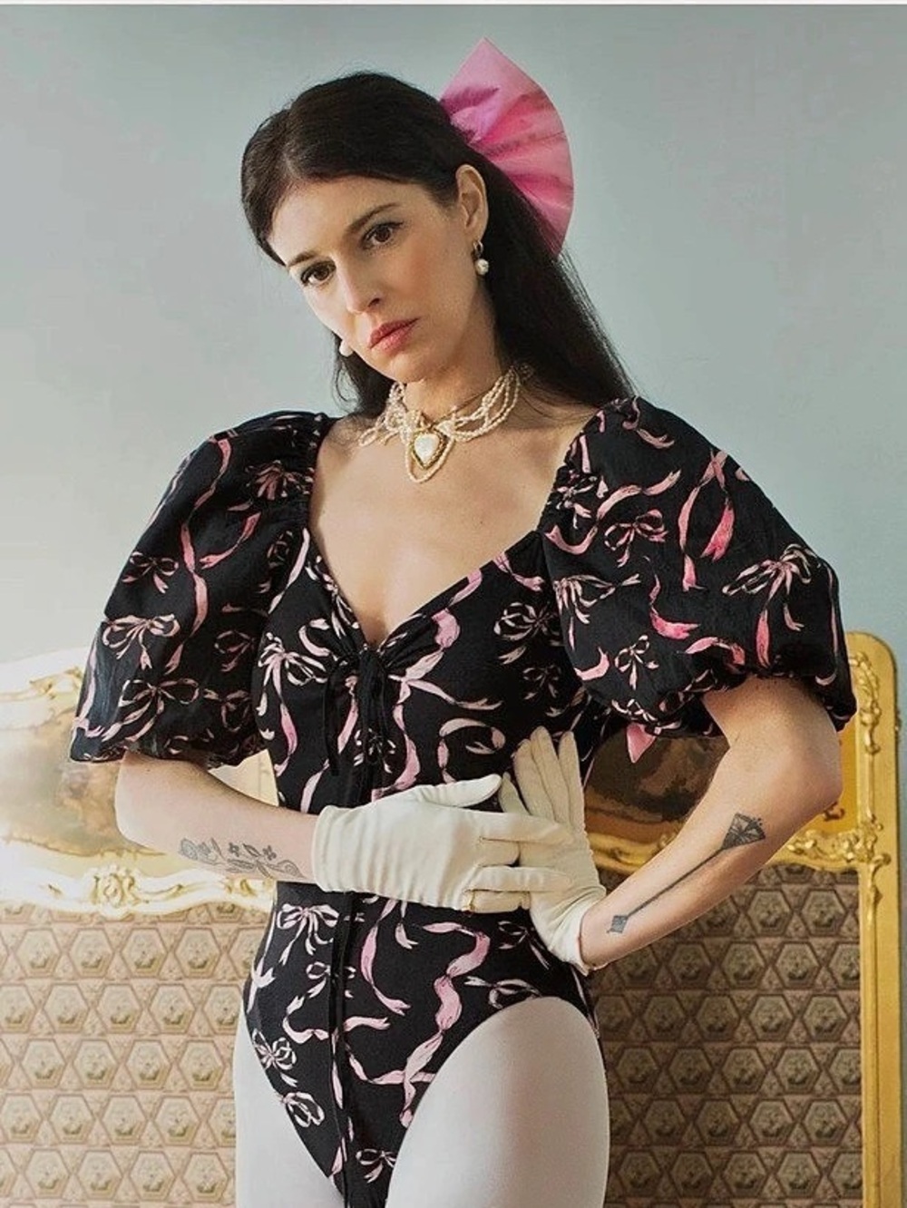 Samantha Pleet Guinevere Bodysuit - Ribbon in Black & Pink - Size XS - Picture 4 of 6